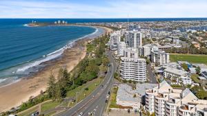 an aerial view of a beach and the ocean at Ocean Vista Retreat - Walk to Mooloolaba & Alex in Mooloolaba