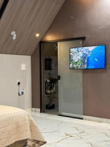 een flatscreen-tv aan de muur van een slaapkamer bij Chalé do chamego in Alto Paraíso de Goiás