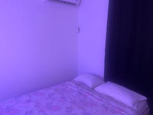 a small bedroom with a bed with purple sheets and pillows at Appartement Dream in Fort-de-France
