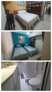 two pictures of a bedroom with a bed and a toilet at Wilson's Home in Lima