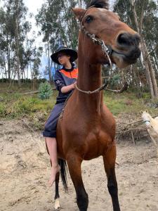 een jonge vrouw die op een paard op het strand rijdt bij Quinta Rincon Chagra in Cevallos