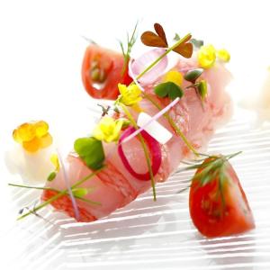 a piece of meat with flowers on a plate at HOTEL FUTARI KOMOREBI in Atami +179 photos