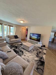 ein Wohnzimmer mit Sofas und einem Flachbildfernseher in der Unterkunft Nice 3-bedroom house located in beautiful neighborhood in Lincoln