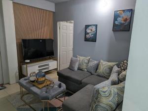 a living room with a couch and a tv at Jacqueline's Court in Mount Pleasant