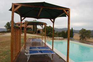 a row of lounge chairs next to a swimming pool at Podere Novo in Bibbona