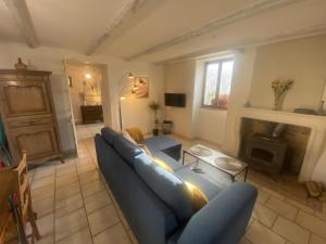 a living room with a blue couch and a fireplace at Charmant Gîte en Pierre du XIXe avec Jardin en Poitou - FR-1-381-636 in Nueil-sous-Faye