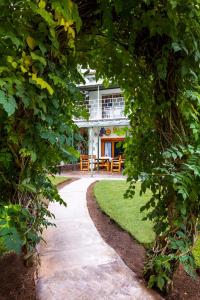 a path leading to a house through a tree arch at Karoo Pandok Guesthouse Bethulie in Bethulie