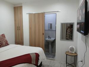 a bedroom with a bed and a sink and a shower at Russell's Rest Apartments in Johannesburg