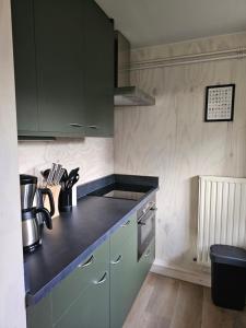 SchoonlooにあるBungalow de Kievitのキッチン(緑のキャビネット、黒のカウンタートップ付) +5枚の写真