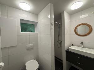SchoonlooにあるBungalow de Kievitのトイレと洗面台を備えた白いバスルーム