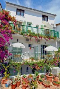 a building with flowers and plants in front of it at Aiolos House in Skiathos