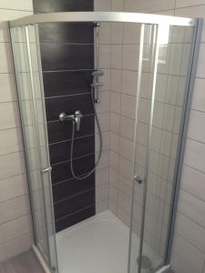 W łazience z przeszklonymi drzwiami znajduje się prysznic. w obiekcie Villa Marcus w mieście Pasohlávky