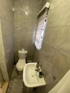 a bathroom with a toilet and a sink at Russell's Rest Apartments in Johannesburg +22 photos