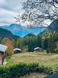 a field with a house and mountains in the background at Hüttli Chalet mit atemberaubendem Weitblick in Naters +16 photos