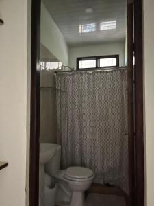 a bathroom with a toilet and a shower curtain at La Casa del rio in Los Altos de Cerro Azul