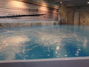 a large swimming pool with blue water in a building at Ferienhaus Nordseejuwel in Friedrichskoog-Spitze