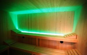 ボルゴにあるLocanda In Borgo Garnì & Wellnessの木製の棚に緑の光が差し込む部屋