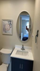a bathroom with a toilet and a sink and a mirror at Holgate Ocean Front Duplex 2Nd Fl 14018 in Holgate