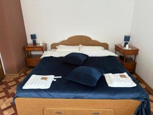 een groot bed met blauwe lakens en handdoeken erop bij Casa Alecu 