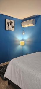 a blue room with a bed and a blue wall at Work & Lake Guest house at Airport in SeaTac +5 photos