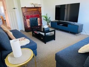 Una sala de estar con un sofá azul y un televisor. en Pretty Villa Close to St Clair Beach private parking, en Dunedin