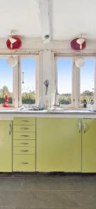 a kitchen with green cabinets and two windows at Syrenhuset in Veflinge