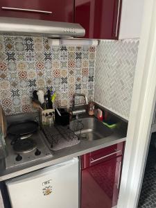 a small kitchen with a sink and a stove at Petit studio lumineux vue montagne in La Mongie