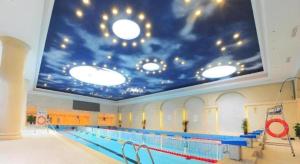 a swimming pool with a large painting on the ceiling at Hangzhou Huachen Fengting Hotel in Hangzhou