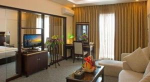 a living room with a couch and a television in a room at Huu Nghi Hotel in Hai Phong