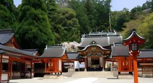 a building with red and black roofs and trees at Hotel Myoken Tanaka Kaikan in Kirishima