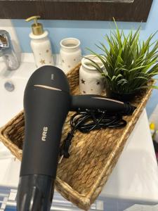 a black hair dryer sitting on a counter with plants at Sky Apartment Bolashak in Aktobe