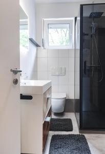 a bathroom with a sink and a toilet and a shower at SchönHier in Westerburg +12 photos