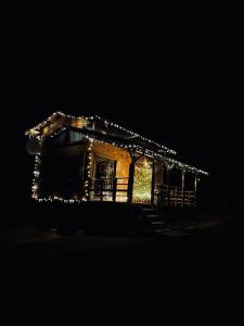 a house lit up with christmas lights at night at Recele Tiny Nest in Ilva Mare