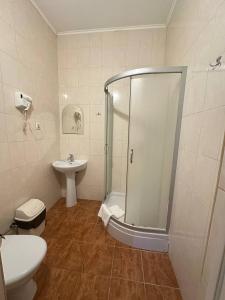 a bathroom with a shower and a toilet and a sink at Delta in Kyiv +19 photos