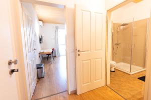 an open bathroom with a shower and a toilet at 213 Prag, Studio Apartment, 27m2, 1-2 Personen in Klagenfurt +28 photos