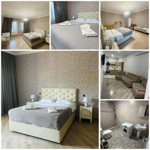 a collage of four pictures of a hotel room at Nicola House in Borjomi in Borjomi
