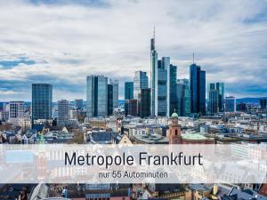 a view of a city skyline with skyscrapers at Dahem-Apartments - ruhig Parkplatz Rhein Main Gebiet gut erreichbar - App 1 barrierefrei mit Kamin Garten und Hund - App 2 mit Balkon in Bretzenheim