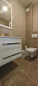 ein Badezimmer mit Toilette, Waschbecken und Spiegel in der Unterkunft GREEN HILL Lux Apartments in Sokobanja