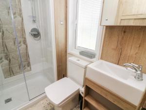 a bathroom with a toilet and a sink and a shower at Curlew Lodge in Carnforth +14 photos