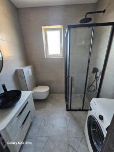 a bathroom with a shower and a toilet and a sink at Apartman Valor in Rovinj