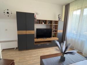 a living room with a large entertainment center with a television at Pine forest apartments in Pamporovo