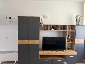 a large black entertainment center with a flat screen tv at Pine forest apartments in Pamporovo +31 photos
