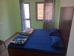 DevaprayāgにあるKrishna Hotel & Restaurantの青いシーツのベッドと窓のある寝室