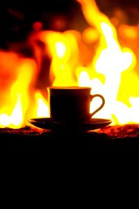 サパンジャにあるHilltop Bungalov Sapanca 3の暖炉の前のコーヒーカップとソーサー +4枚の写真