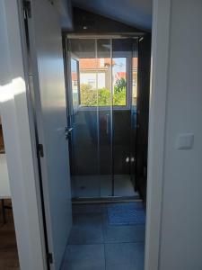 a walk in shower in a room with a window at Attic Apartment in cascais Near The Sea in São Domingos de Rana