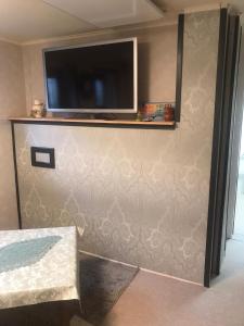a living room with a tv on a wall at Harzbett in Sinsleben