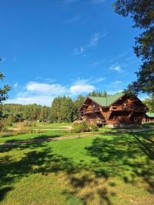 a log cabin in the middle of a field at Poilsio ir sveikatinimo sodyba Pušų Šlamesy in Vilnius