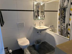 a bathroom with a toilet and a sink and a tub at Hotel Central in Luchsingen