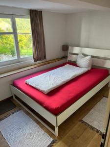 a bed in a room with a red mattress and a window at Hotel Central in Luchsingen