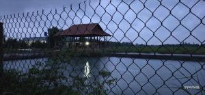a fence in front of a lake with a gazebo at The wooden house, peaceful place in Nhon Trach IoStayhome in Kon Rung (1)